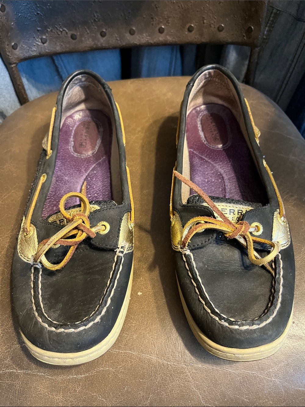 Sperry Black Boat Moccasins with Gold Accents